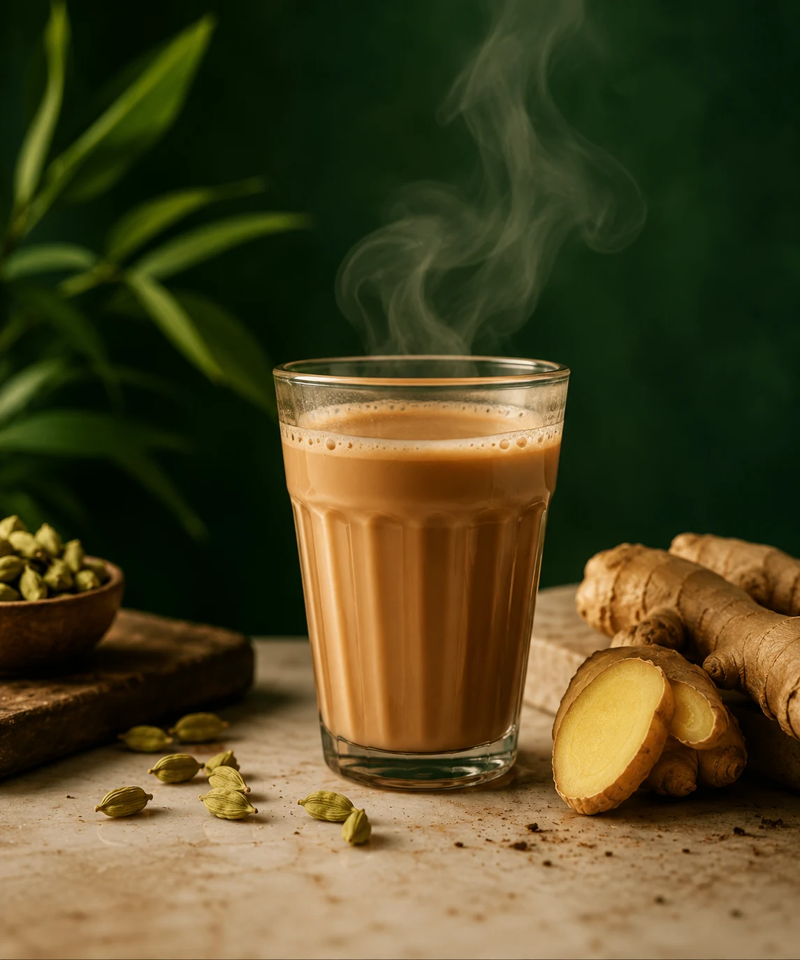 Steaming Indian chai in a glass with fresh ginger and green cardamom